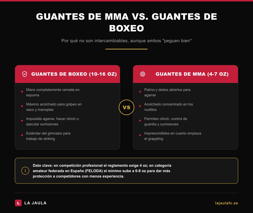 Infografía comparativa: guantes de boxeo de 10-16 oz frente a guantes de MMA de 4-7 oz de palma abierta