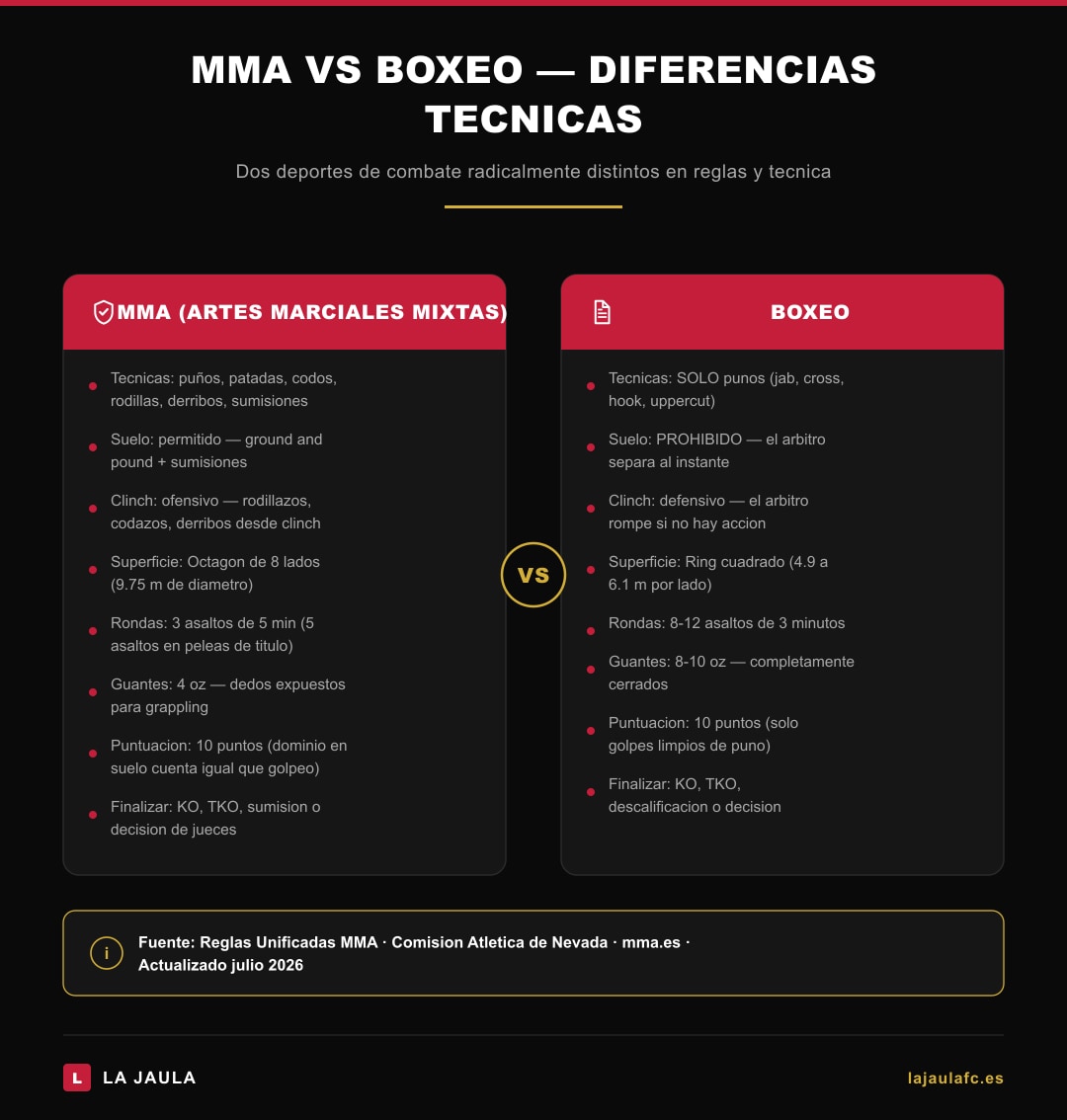Infografía comparativa MMA vs Boxeo — diferencias técnicas, reglas, equipamiento y sistema de puntuación